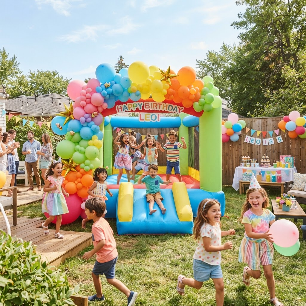 A joyful backyard birthday party with a colorful bounce house and happy kids